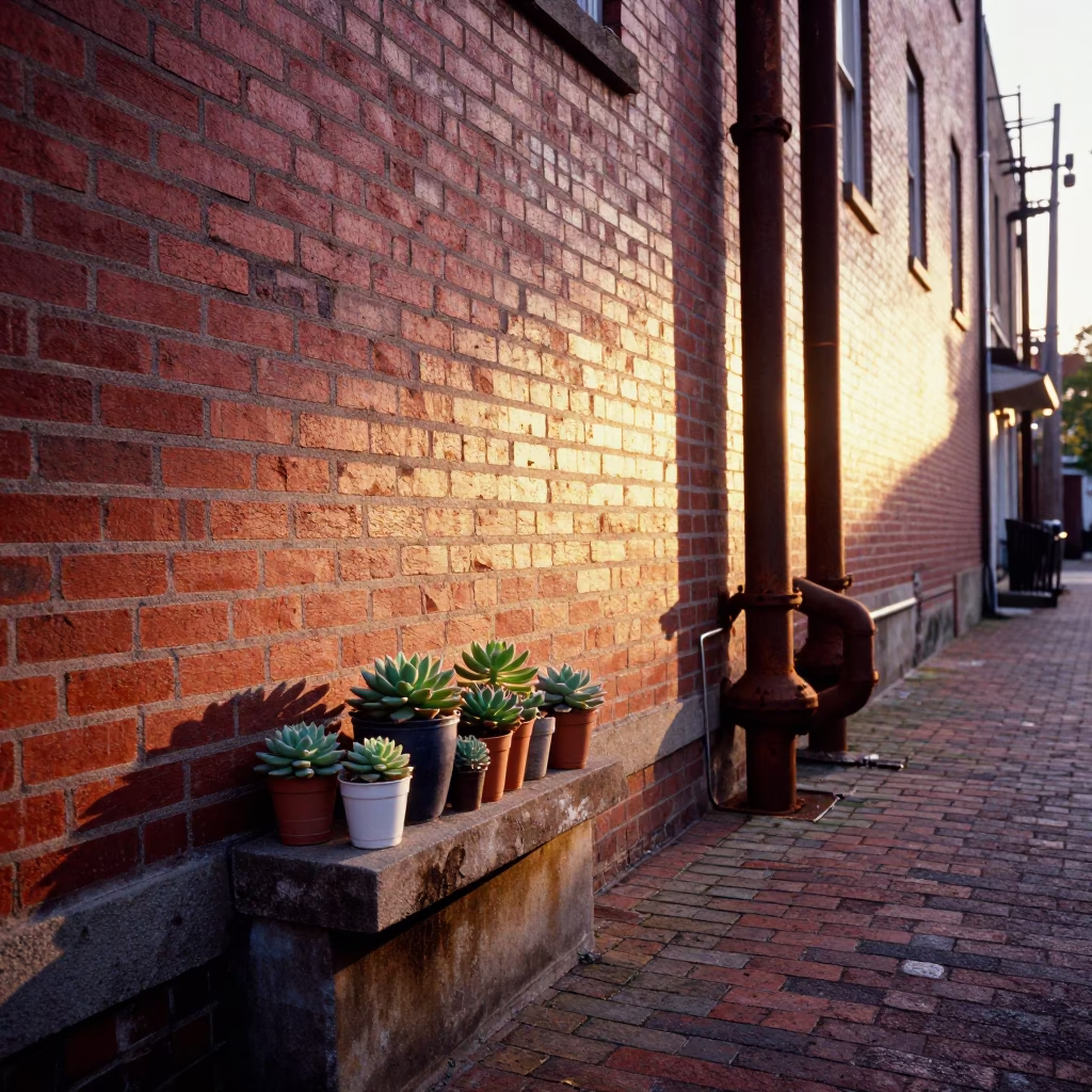 Dawn light on Philadelphia brick alleyway with rusted pipes and potted succulents in in Philadelphia, Pennsylvania, United States