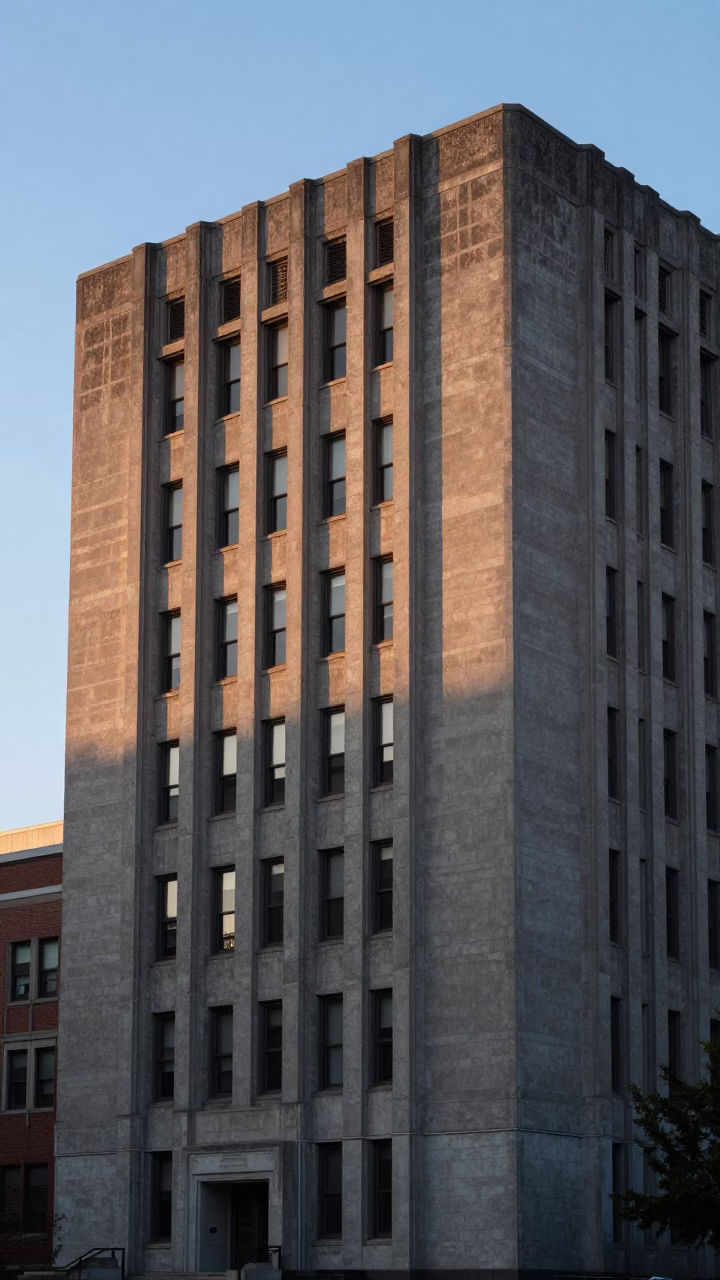 Dawn Light on Philadelphia Concrete Brutalist University Building with Scaffold Joints Against White Sky in in Philadelphia, Pennsylvania, United States