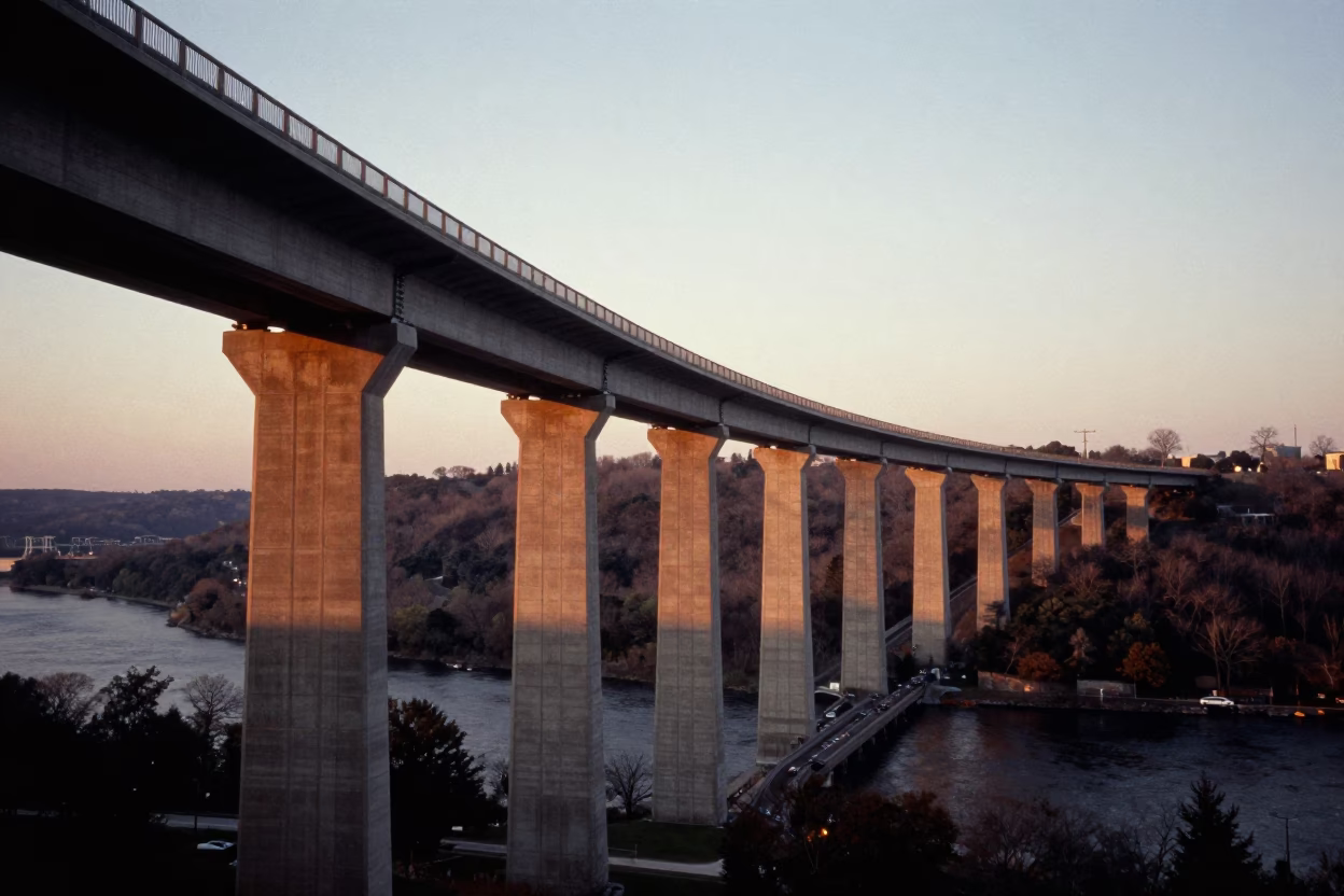 Dawn light on Philadelphia concrete viaduct curving across valley floor near Schuylkill River in in Philadelphia, Pennsylvania, United States