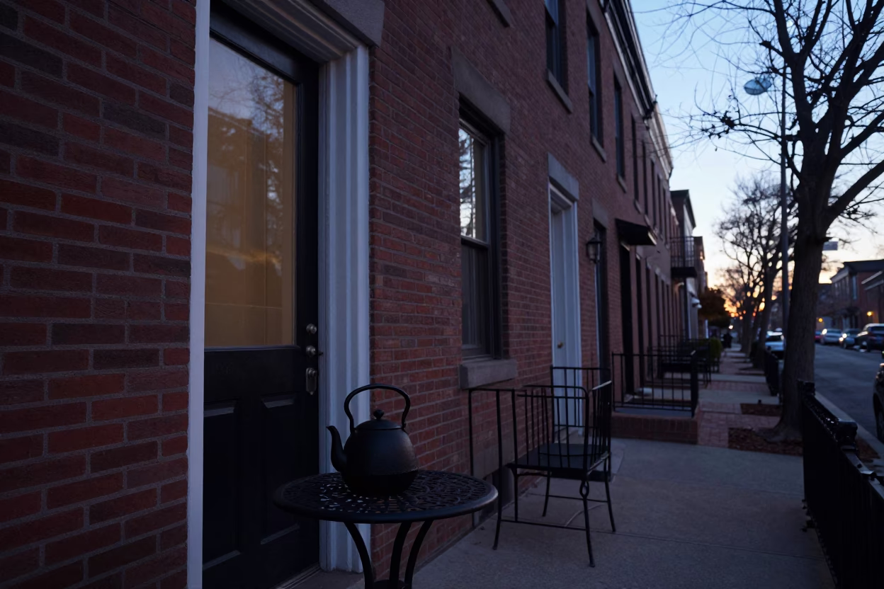 Dawn Light on Philadelphia Rowhome Porch with Tea Kettle and Potted Geraniums in in Philadelphia, Pennsylvania, United States