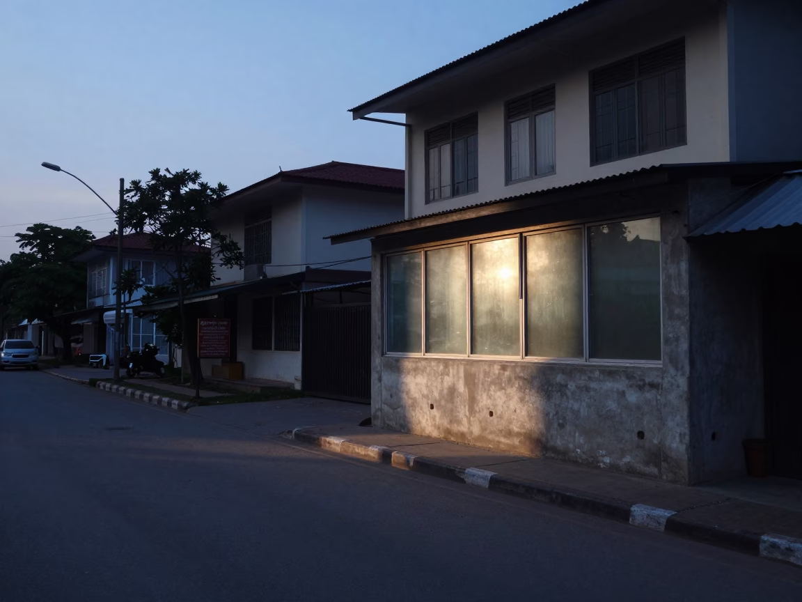 Dawn Light on Phnom Penh Street with Glass Window and Forklift at Loading Dock in in Phnom Penh, Cambodia