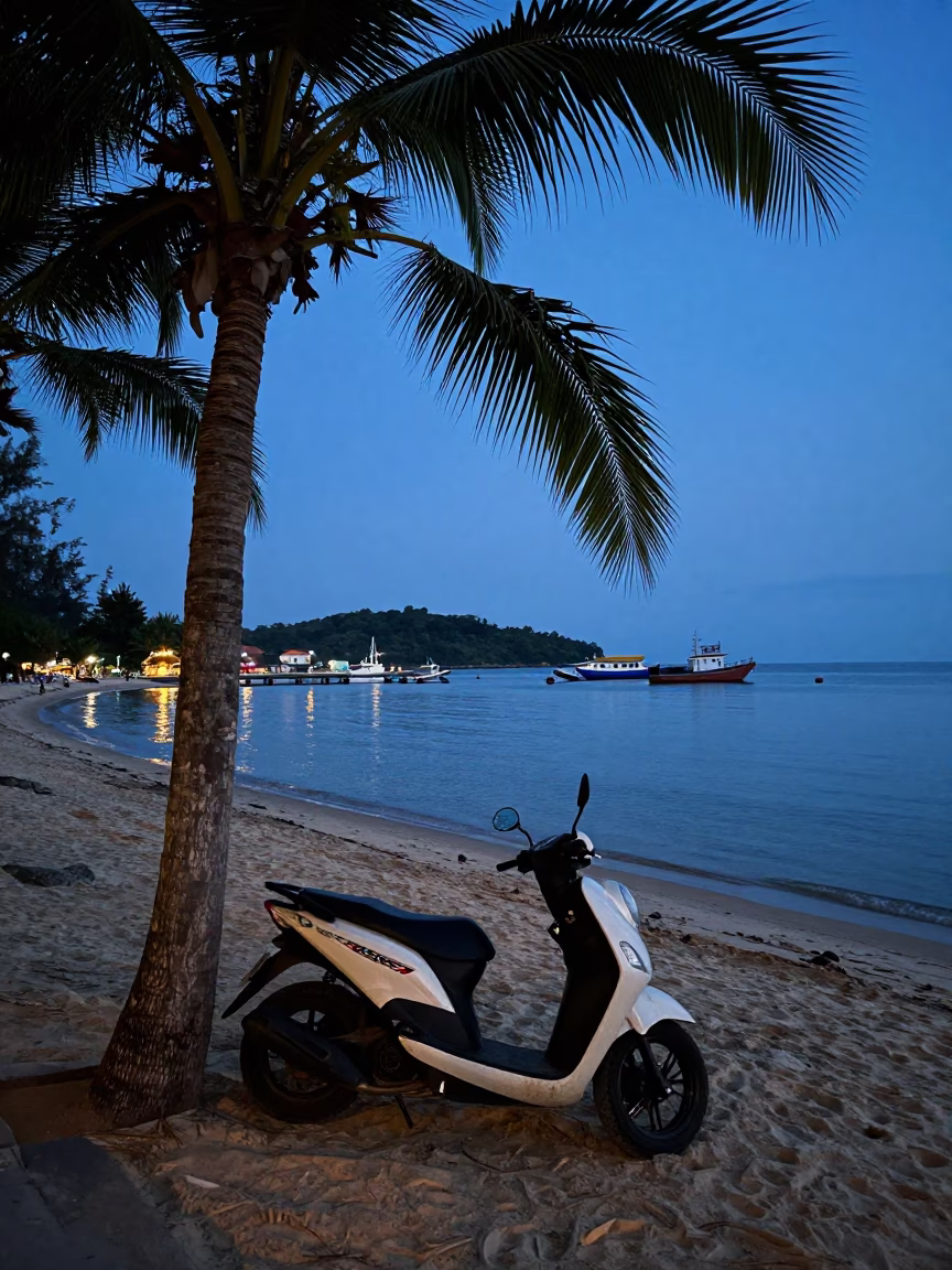 Dawn light on Phuket beach with scooters and harbor beacon in Thailand in in Phuket, Thailand