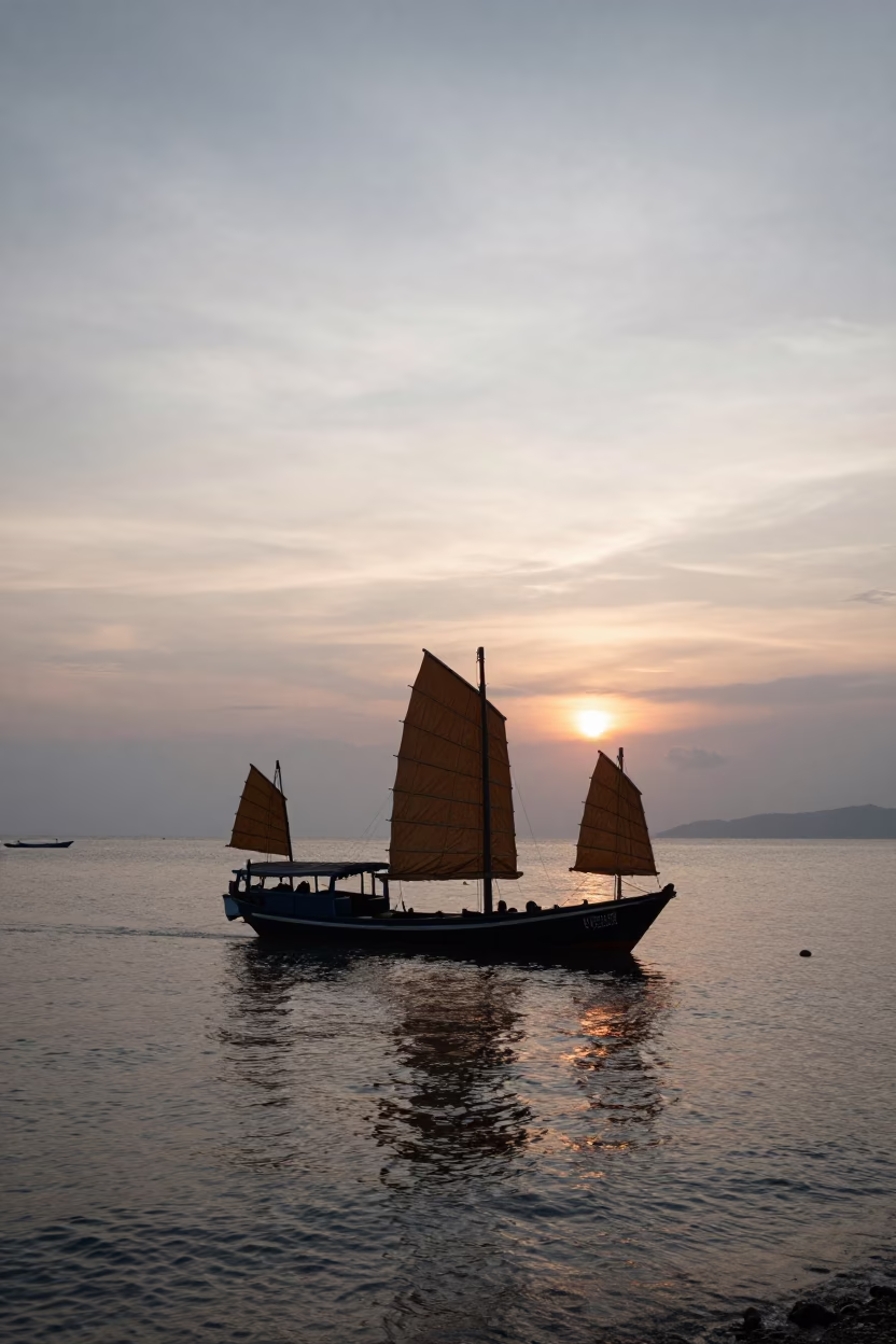 Dawn Light on Phuket Coastline with Traditional Chinese Junk Boat and Banyan Tree Roots in in Phuket, Thailand