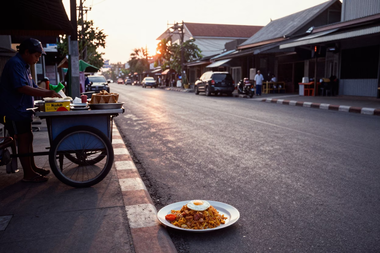 Dawn light on Phuket street with nasi goreng and eucalyptus trees in in Phuket, Thailand