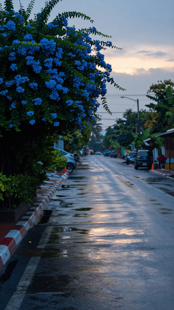Dawn light on Phuket street with plumbago hedge and oil-sheen puddle in in Phuket, Thailand