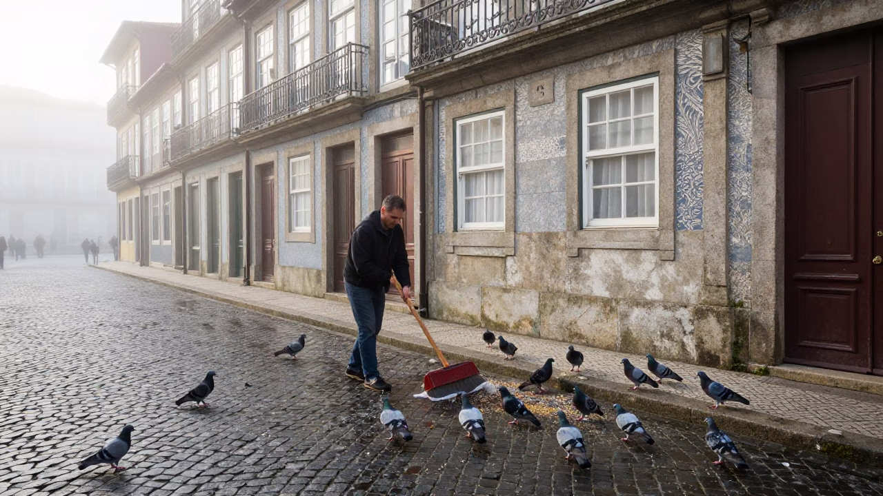 Dawn Light on Pigeons in in Porto, Portugal