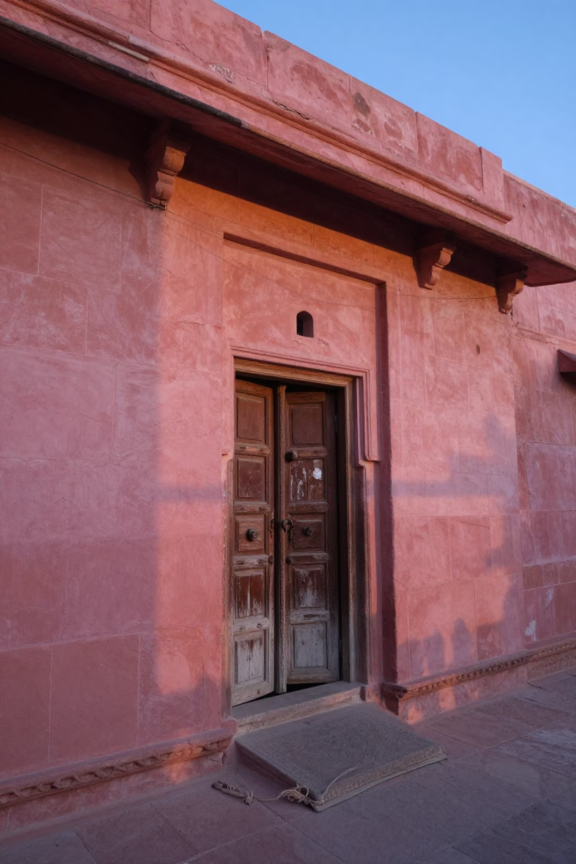 Dawn Light on Pink Sandstone Walls and Twine Latch in Jaipur India in in Jaipur, India