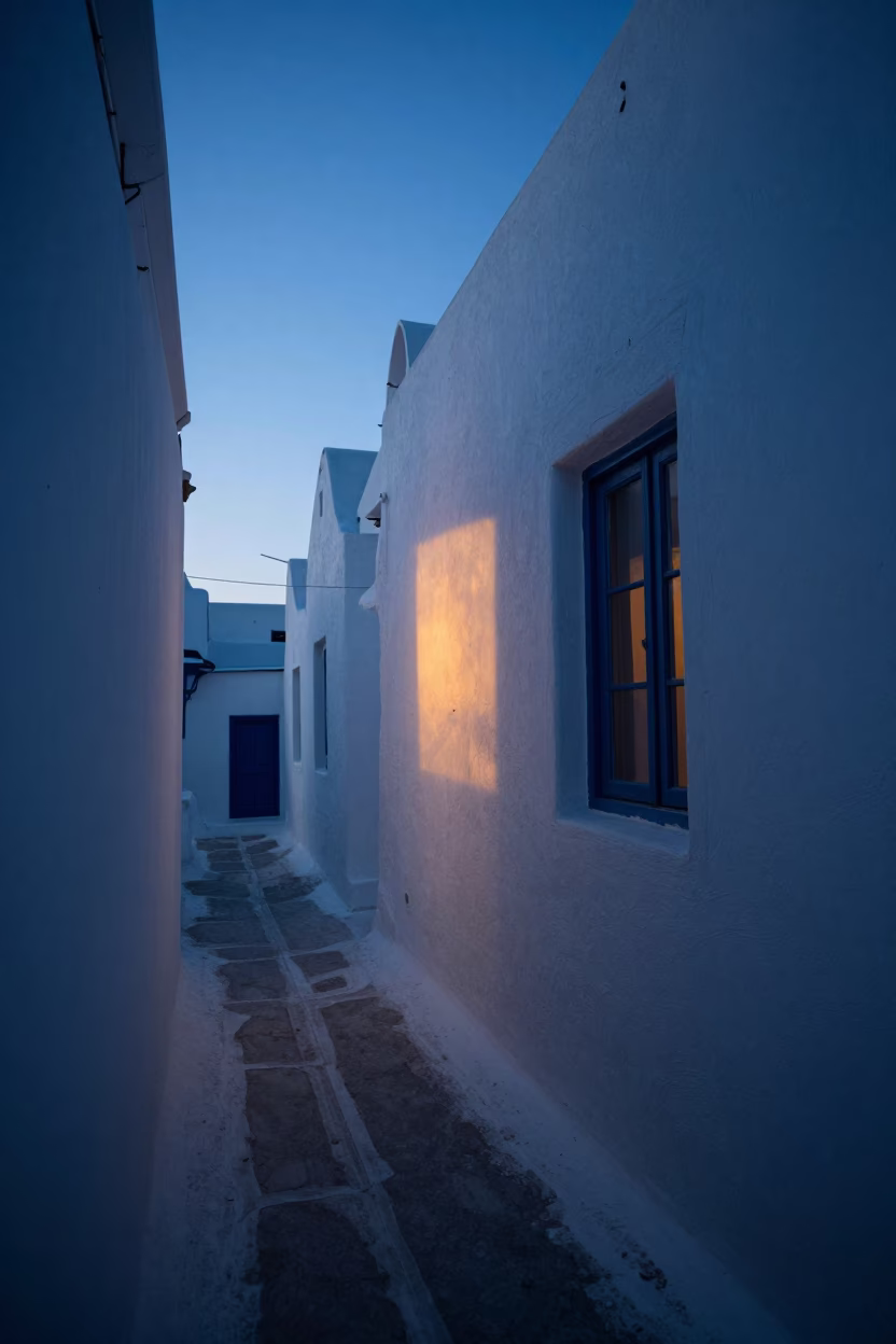 Dawn Light on Plaster Walls in Athens Before Sunrise in in Athens, Greece