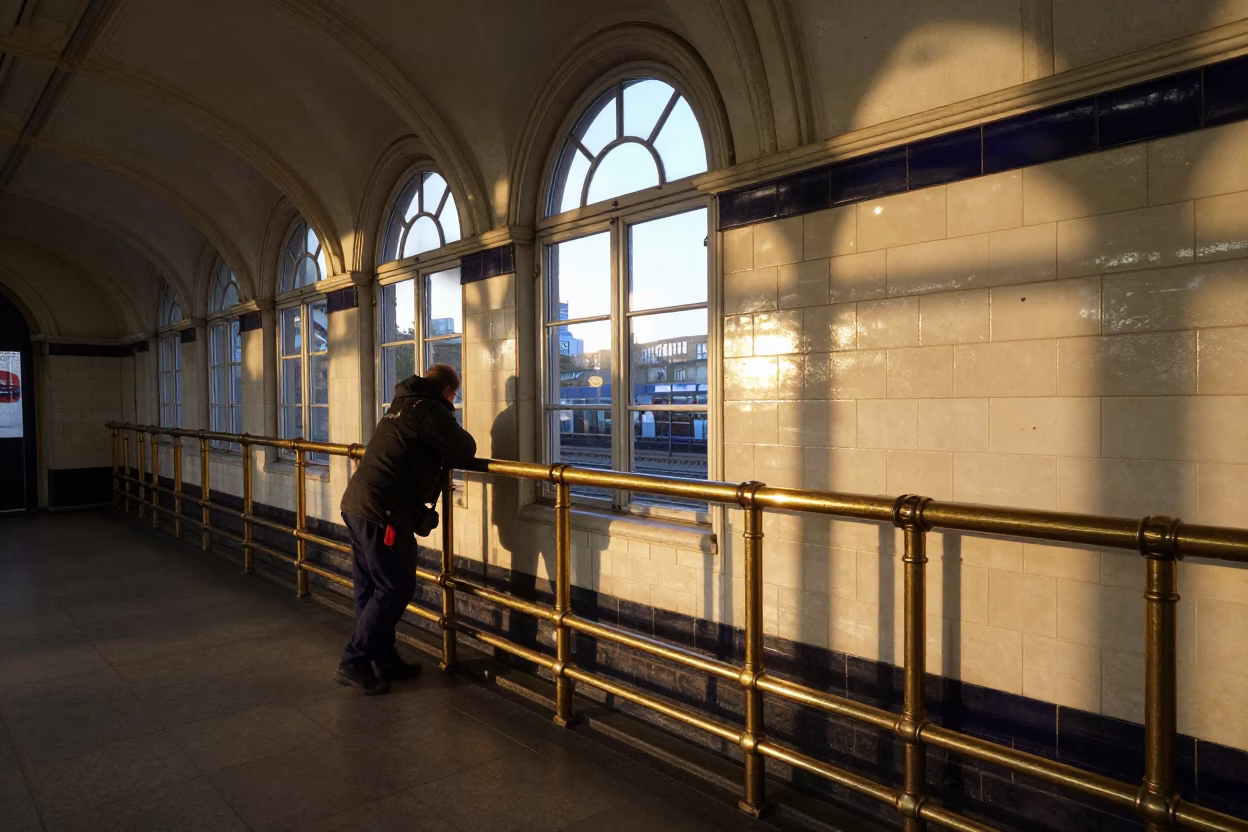 Dawn Light on Polished Brass Rail at London Underground Station with Crowbar Nearby in in London, United Kingdom