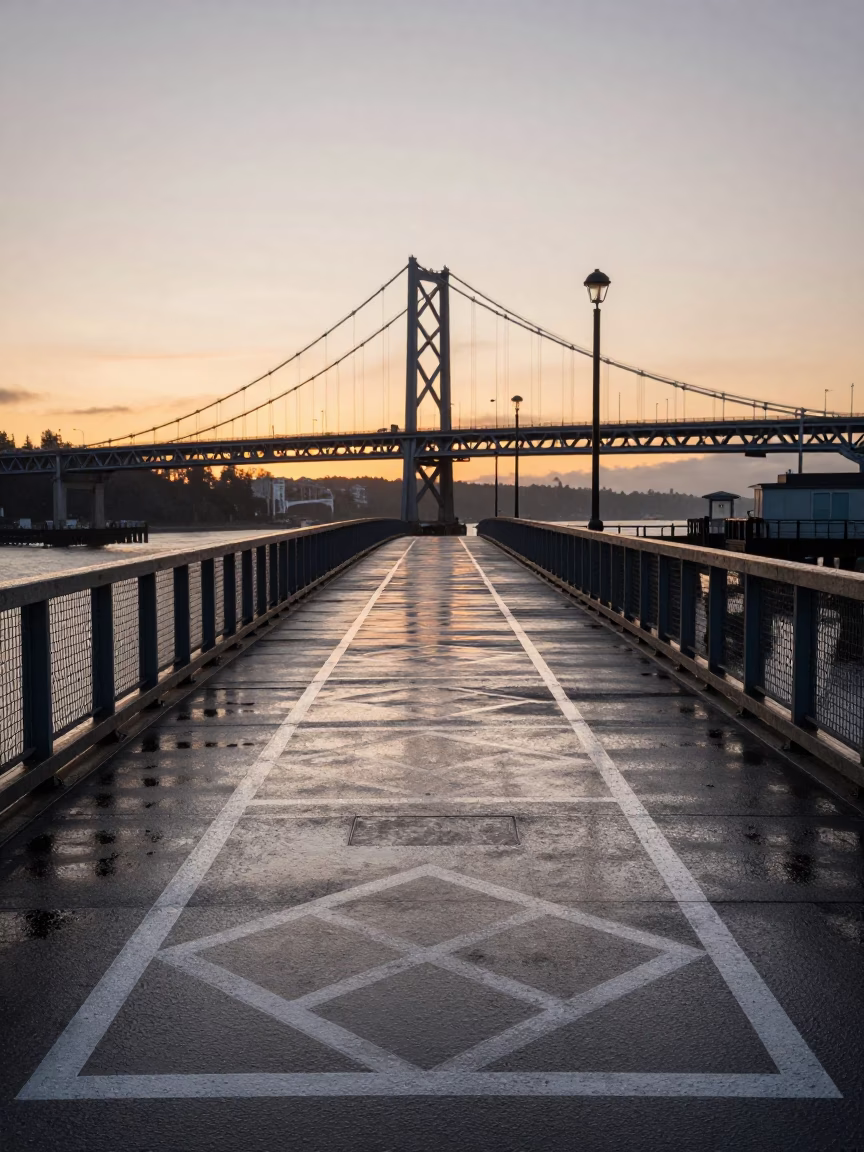 Dawn Light on Portland Drawbridge Deck Markings and Harbor Drizzle in Oregon in in Portland, Oregon, United States