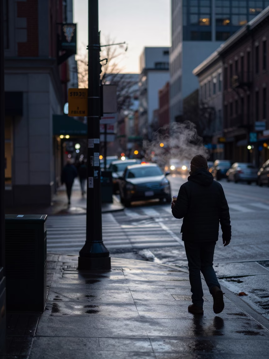 Dawn Light on Portland Oregon Street Corner with Coffee and Morning Commute in in Portland, Oregon, United States