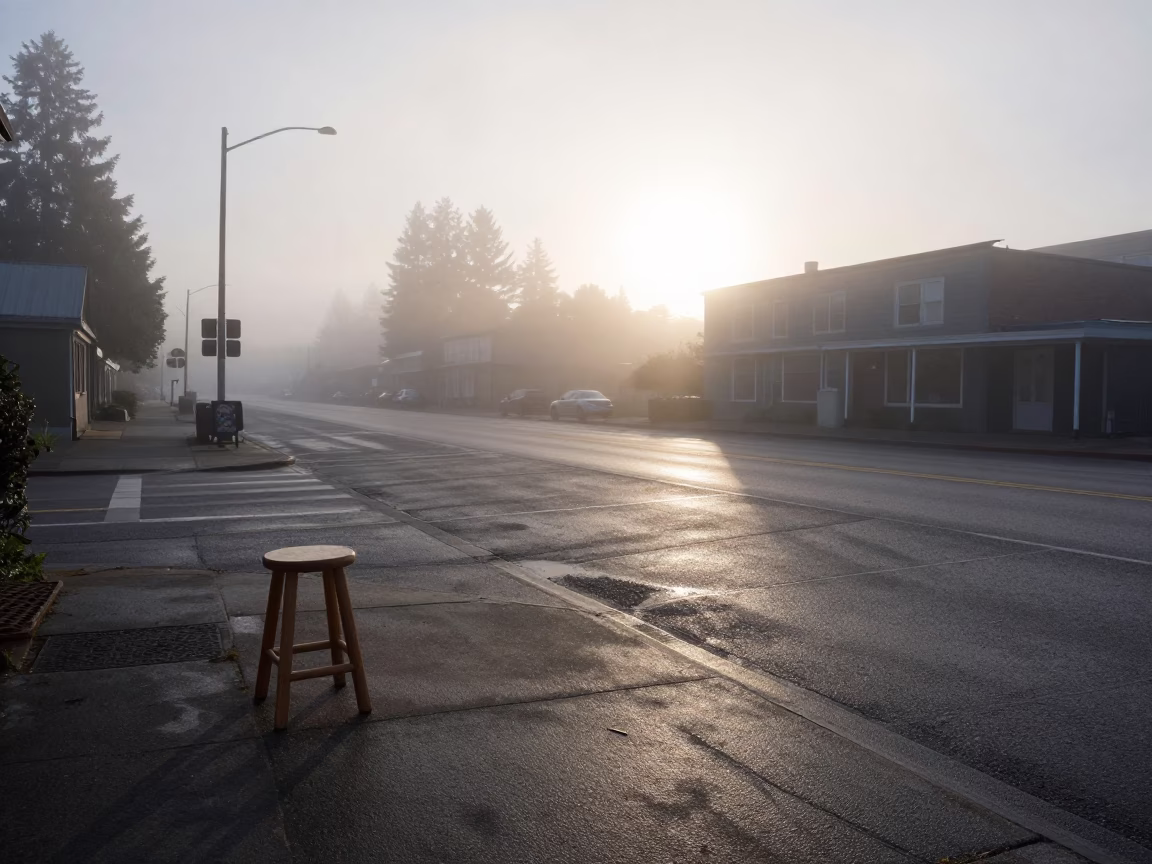 Dawn Light on Portland Oregon Street Corner with Wicker Shadow and Stool in in Portland, Oregon, United States