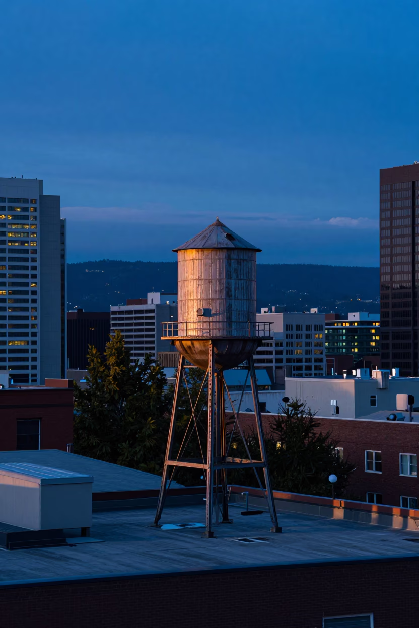 Dawn Light on Portland Rooftop Water Tower and Cityscape Before Sunrise in in Portland, Oregon, United States