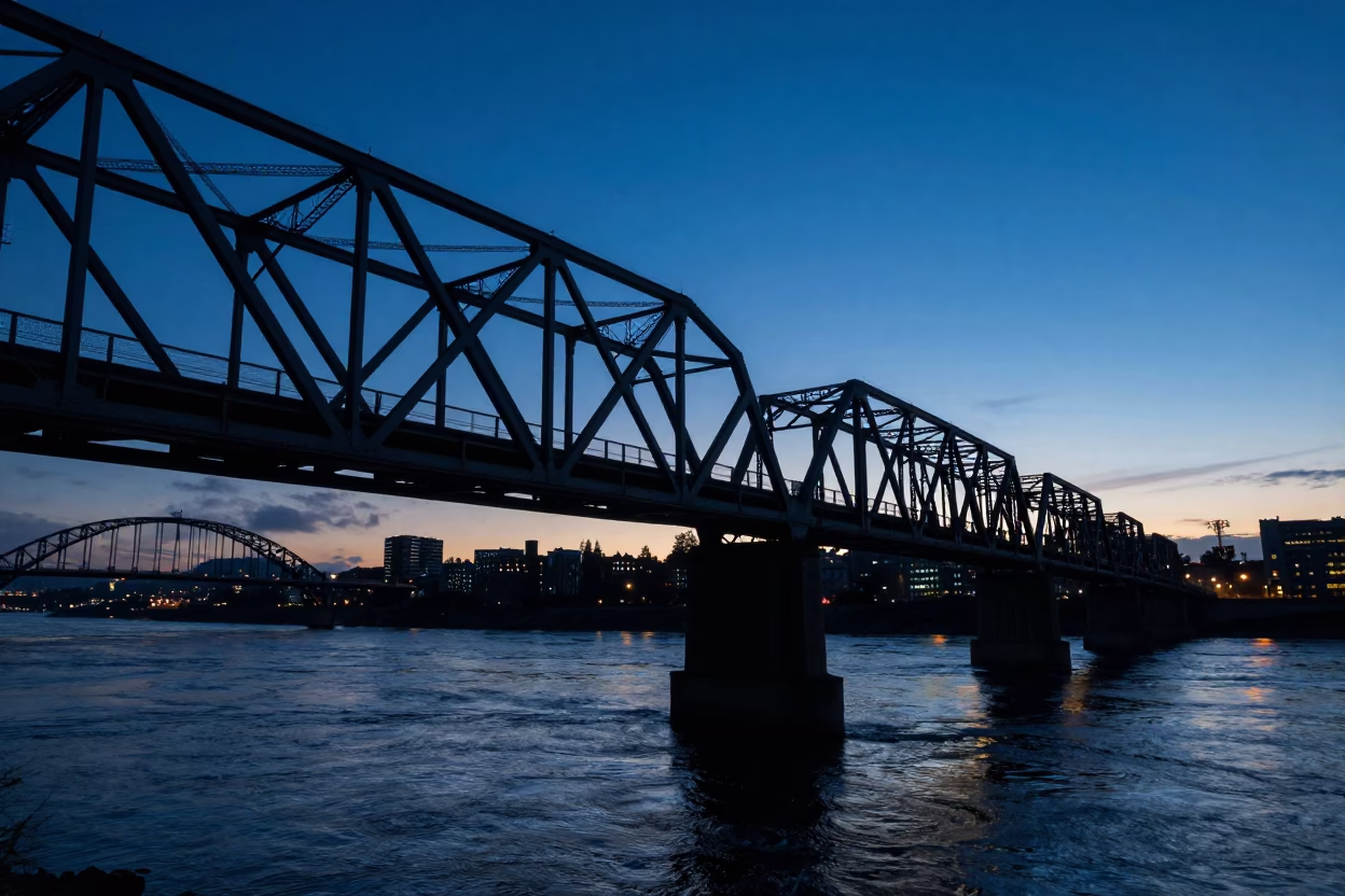 Dawn Light on Portland Steel Bridge Overpass with Taillight Streaks and Urban Infrastructure in in Portland, Oregon, United States
