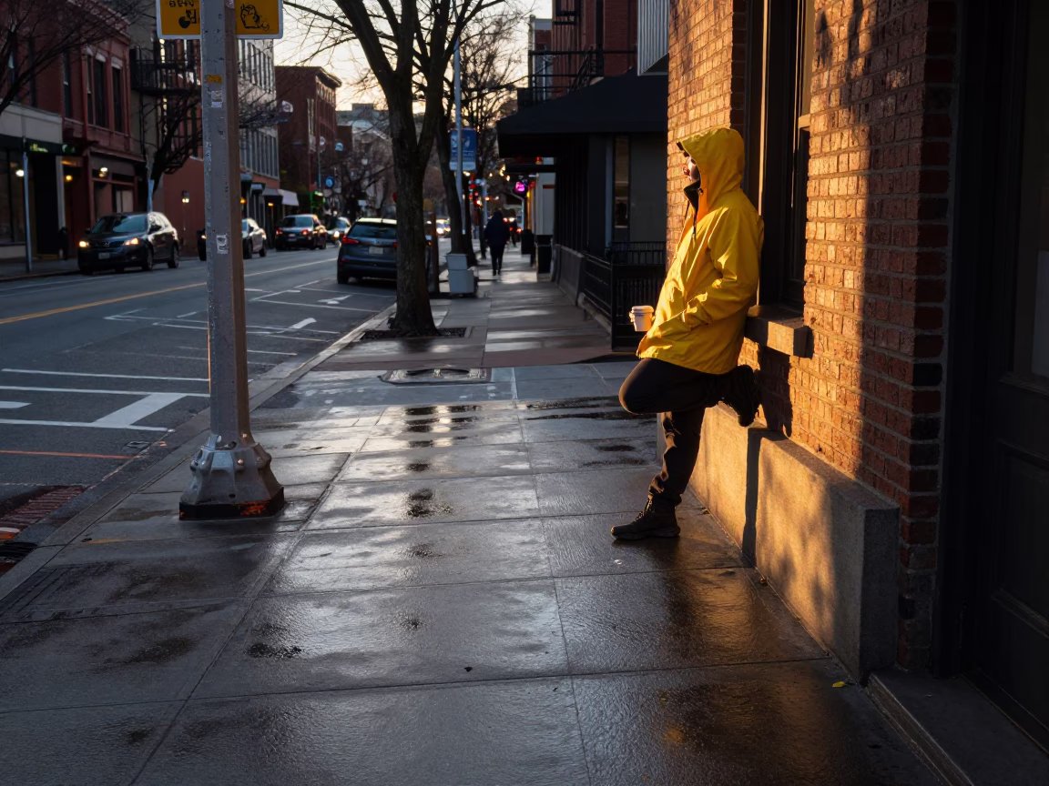 Dawn Light on Portland Street Corner with Coffee Cup and Bicycle in in Portland, Oregon, United States