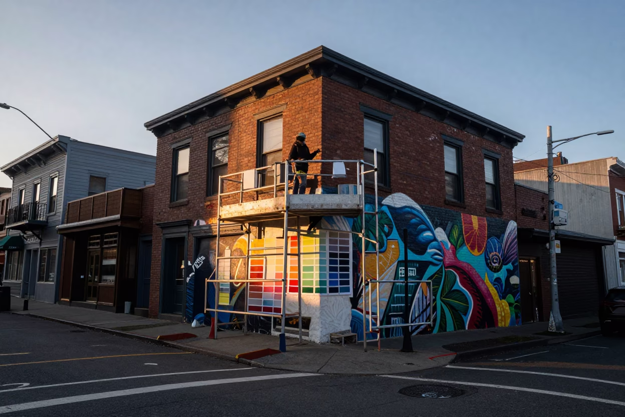 Dawn Light on Portland Street Corner with Muralist Sample Swatches and Urban Architecture in in Portland, Oregon, United States