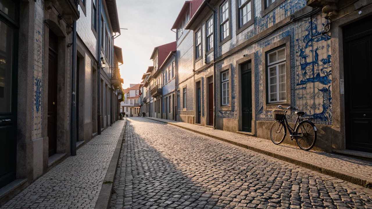 Dawn Light on Porto Cobblestone Street with Vintage Bicycle and Local Market Vendor in in Porto, Portugal