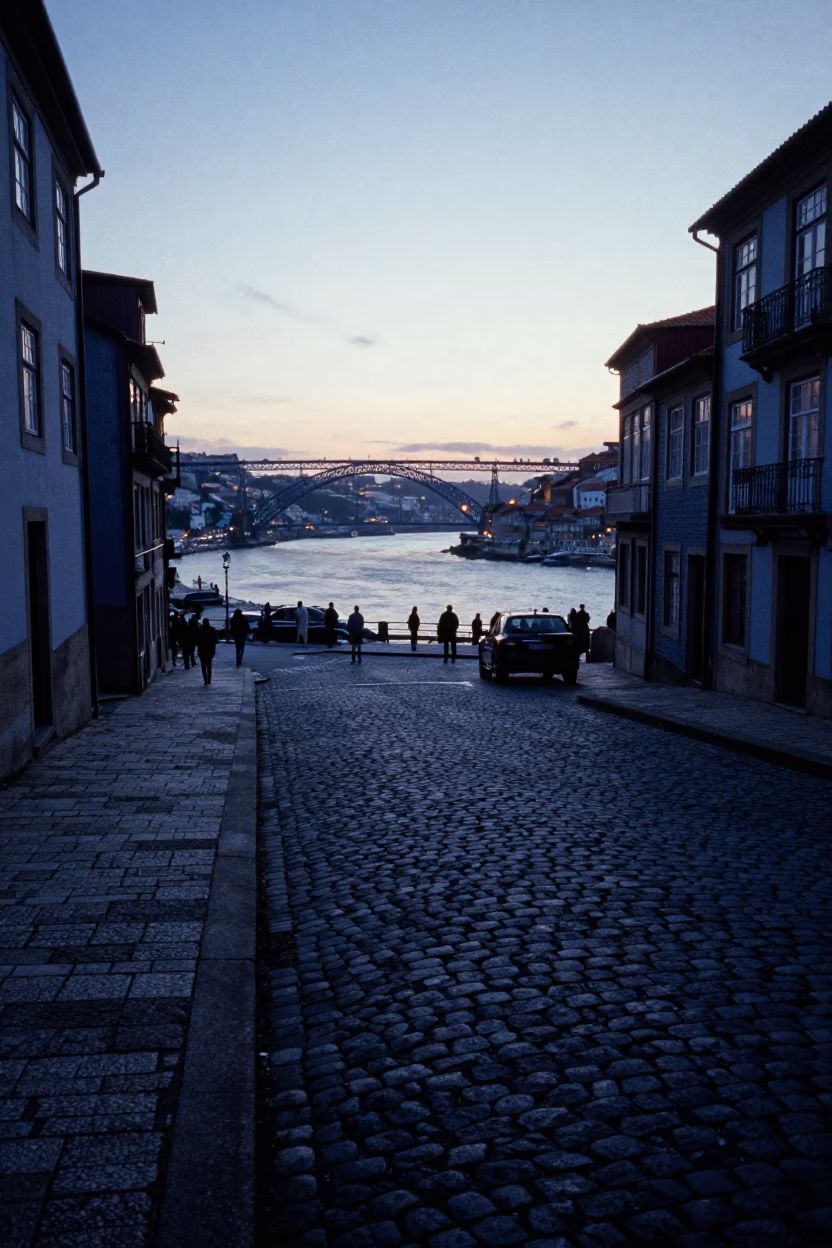 Dawn Light on Porto Cobblestones Near Douro River Chain Ferry Crossing in in Porto, Portugal