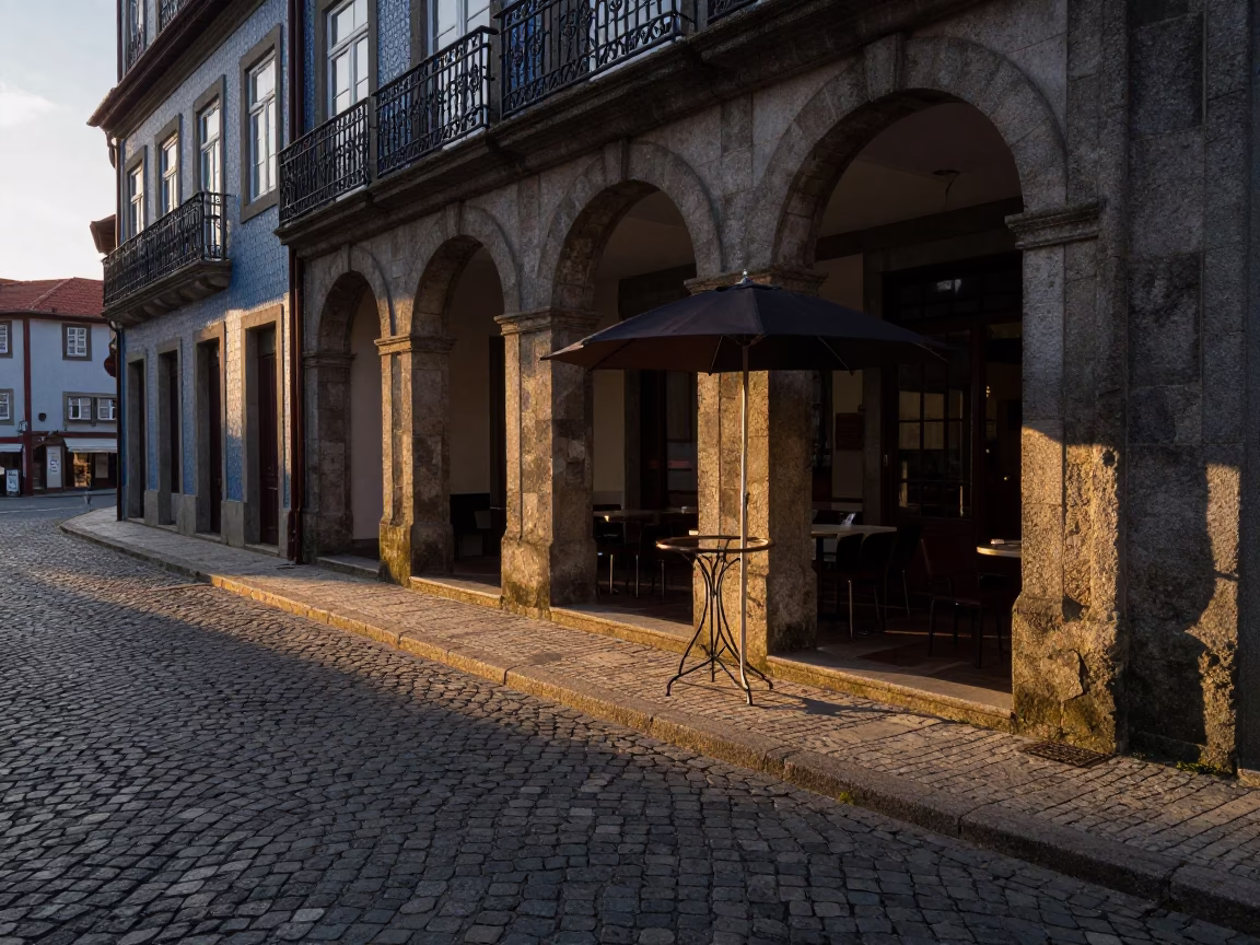 Dawn Light on Porto Cobblestones with Umbrella Stand and Morning Commuters in in Porto, Portugal