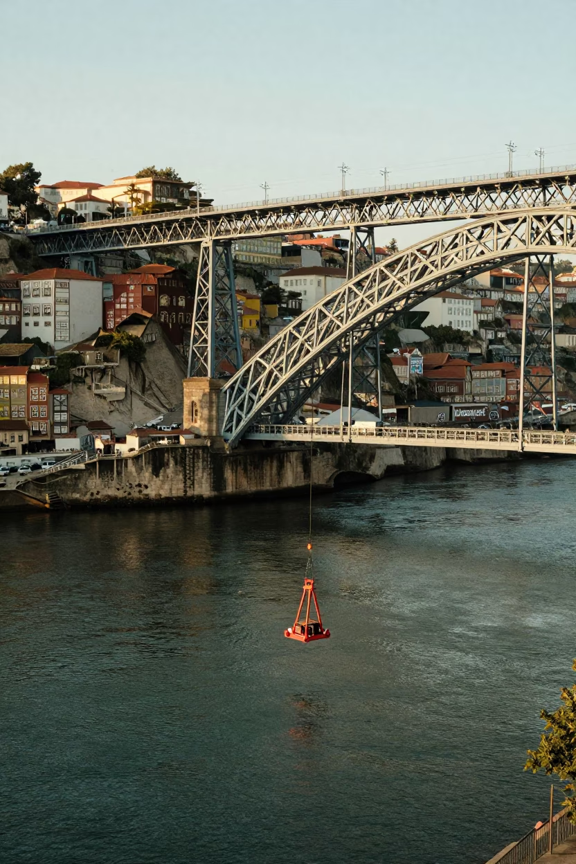 Dawn light on Porto Douro River with Bridge Maintenance Cradle and Coffee Tin in in Porto, Portugal