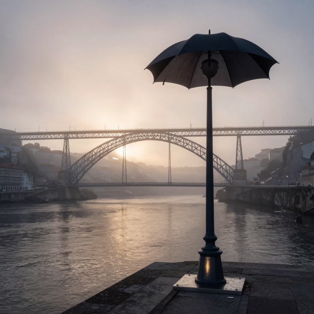 Dawn Light on Porto Riverfront Bridge Steel and Umbrella Stand in in Porto, Portugal