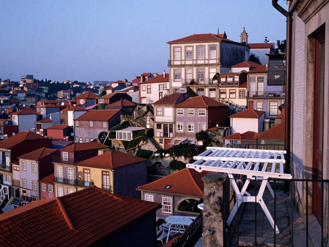 Dawn Light on Porto's Ribeira Drying Rack and Historic Riverfront Architecture in in Porto, Portugal