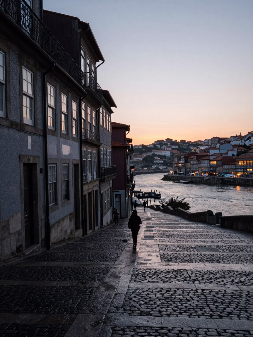 Dawn Light on Porto Stone Facades and Riverfront Steps in in Porto, Portugal
