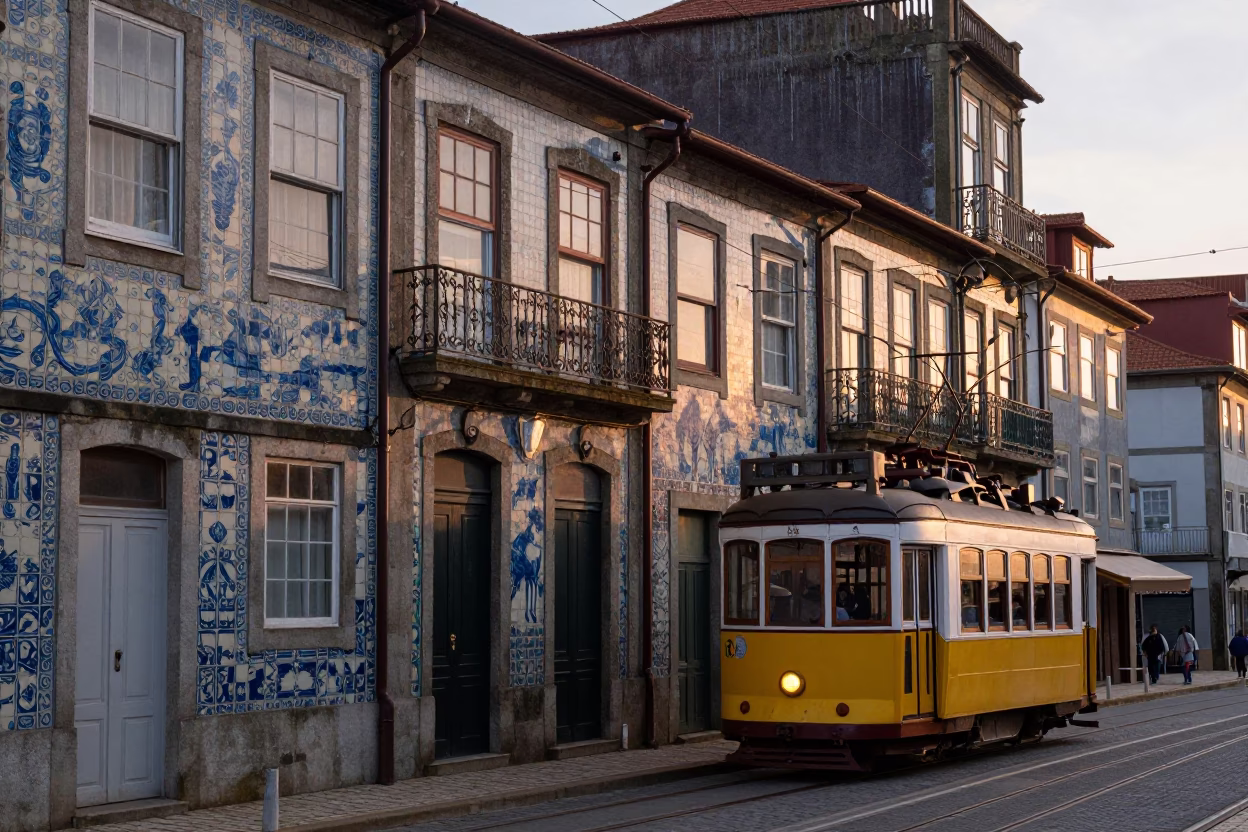 Dawn Light on Porto Stone Facades with Tram and Street Life in in Porto, Portugal