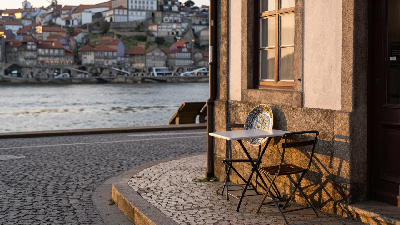 Dawn Light on Porto Street with Vintage Majolica Plate and Wicker Shadow in in Porto, Portugal