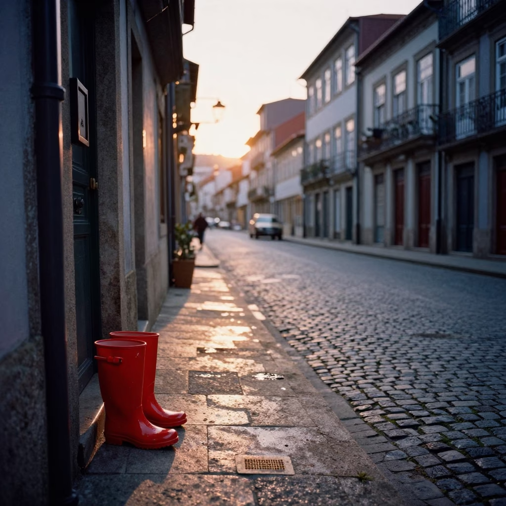 Dawn light on Porto streets with rain boots and ceramic plate in in Porto, Portugal