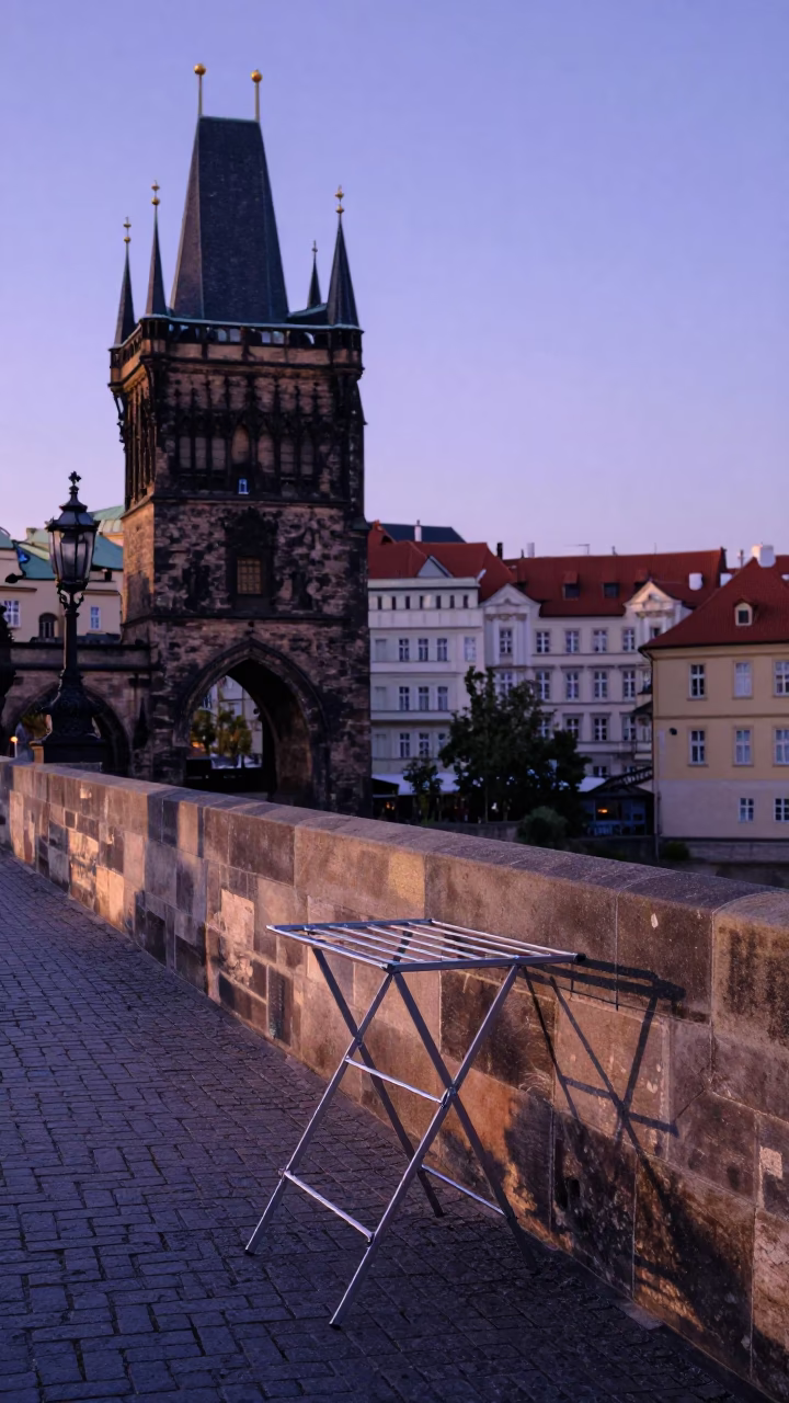 Dawn Light on Prague Charles Bridge Stone Balustrades with Drying Rack in in Prague, Czech Republic