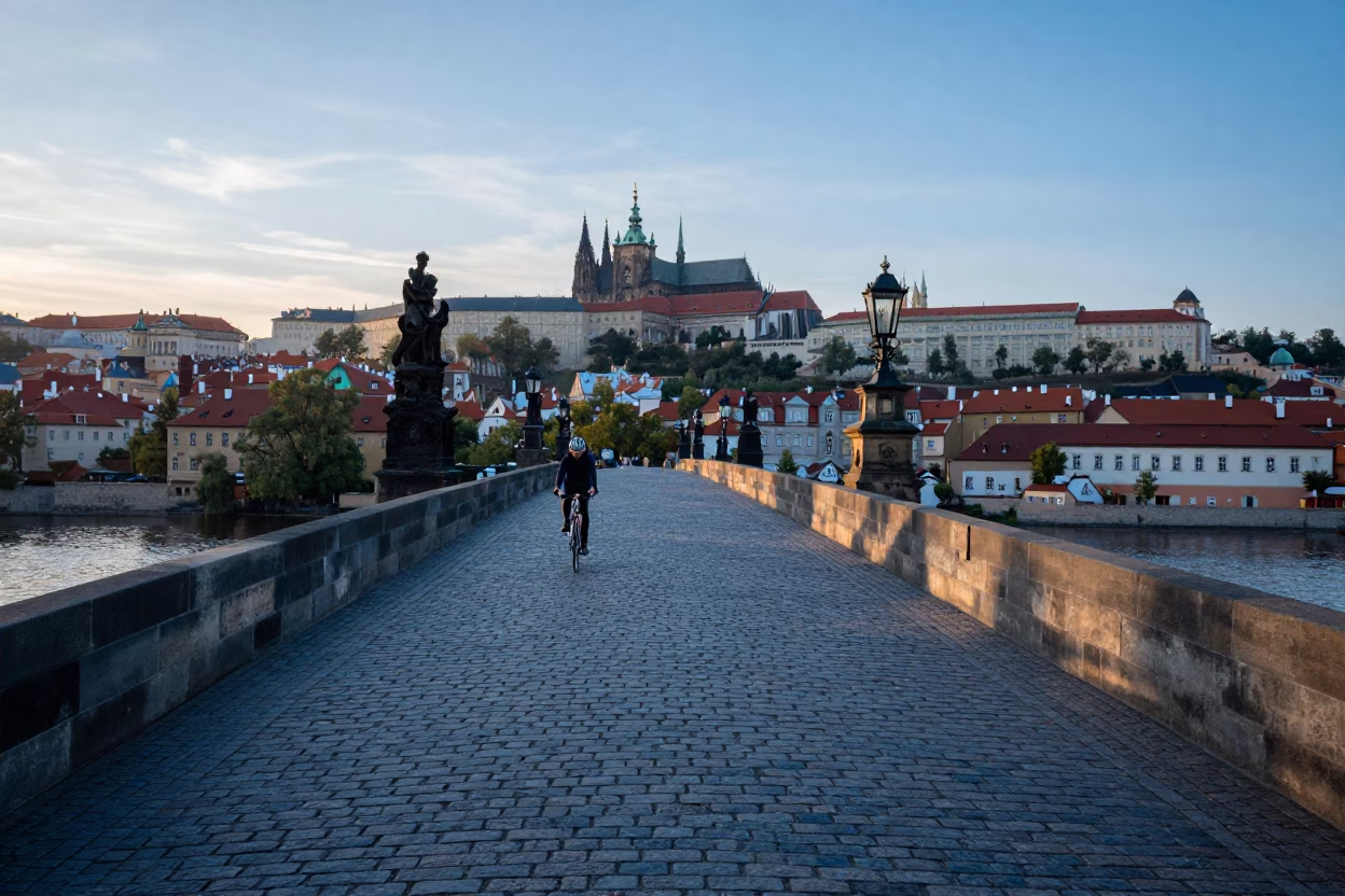 Dawn light on Prague Charles Bridge stone walkway with cyclist and bicycle in in Prague, Czech Republic