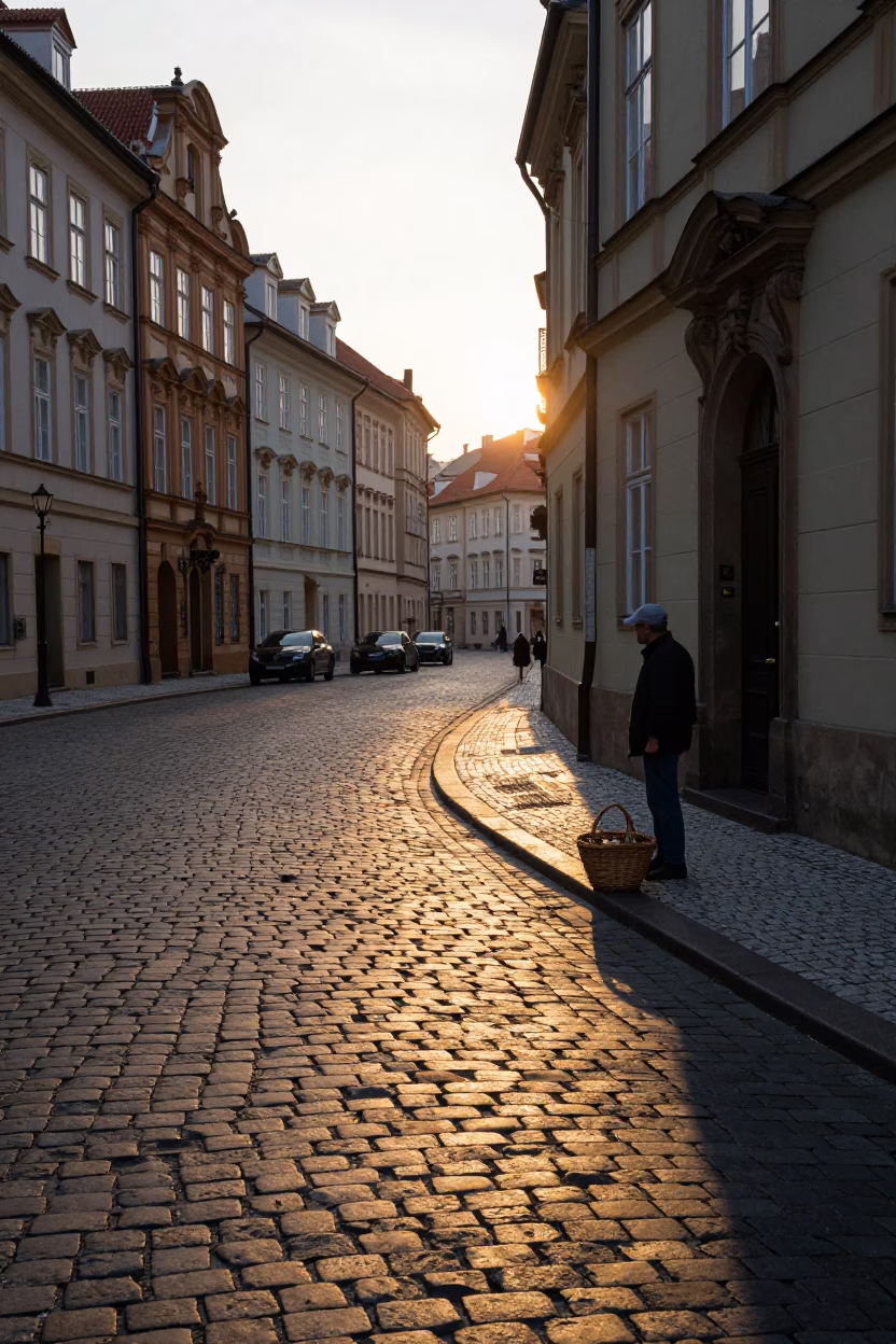 Dawn Light on Prague Cobblestone Street with Wicker Basket and Morning Commute in in Prague, Czech Republic