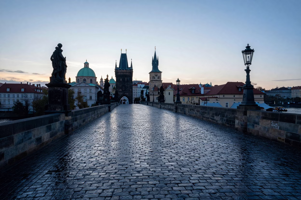 Dawn Light on Prague Cobblestones Near Charles Bridge with Birdhouse in in Prague, Czech Republic