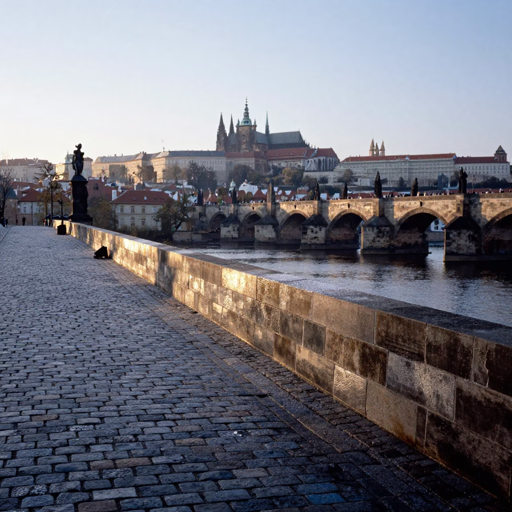 Dawn Light on Prague Cobblestones Near Charles Bridge with Vintage Ashtray and Morning Mist in in Prague, Czech Republic