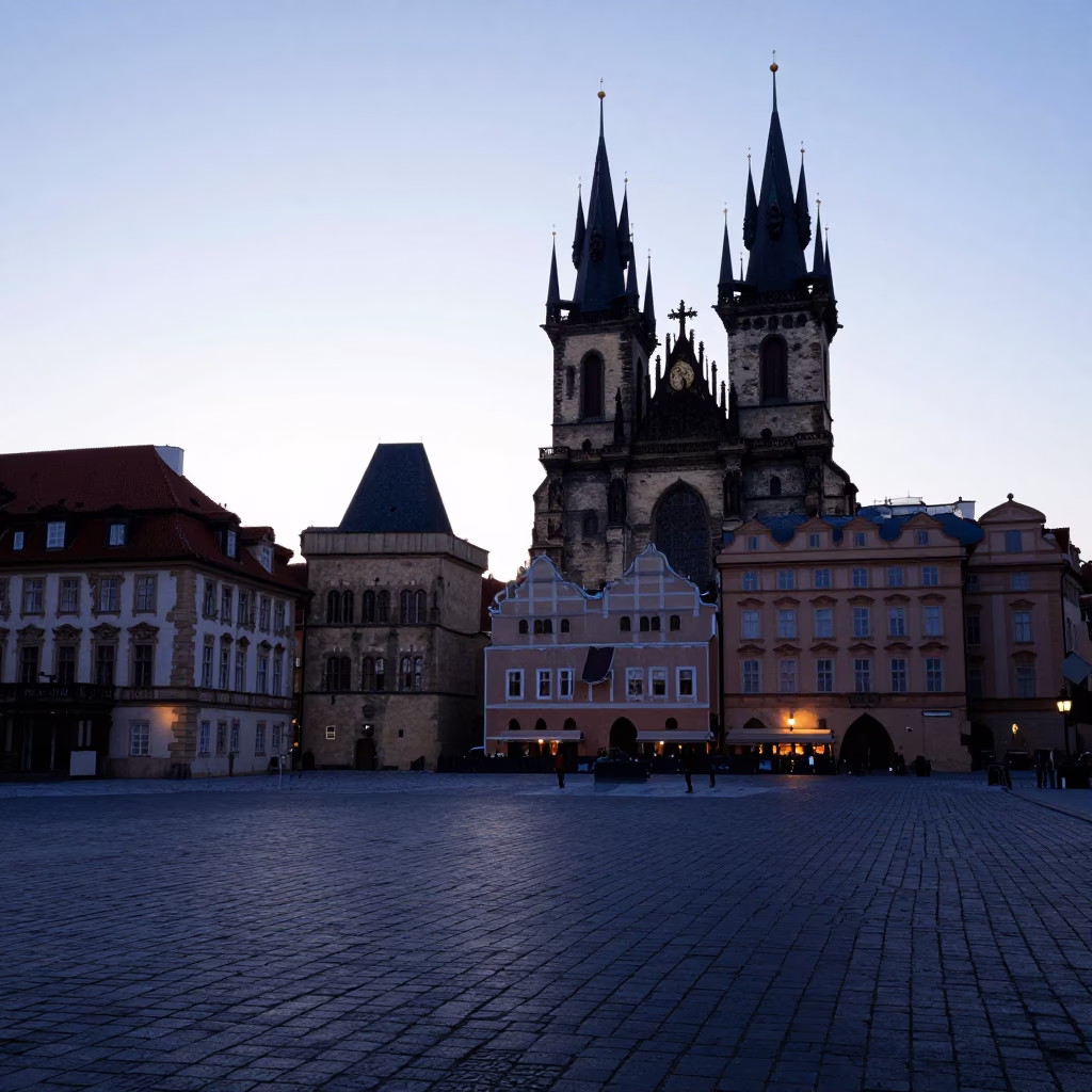 Dawn Light on Prague Old Town Square Cobblestones and Historic Facades in in Prague, Czech Republic