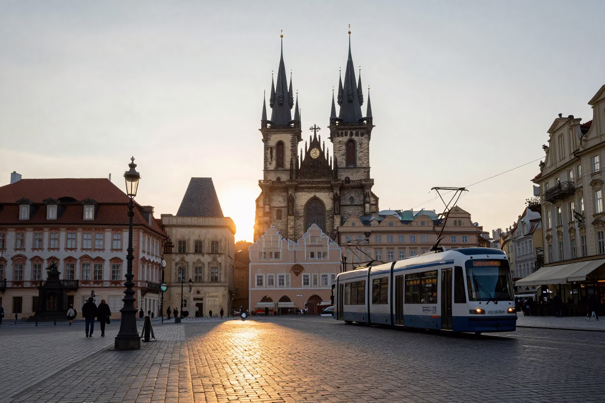 Dawn Light on Prague Old Town Square with Tram and Street Vendors in in Prague, Czech Republic