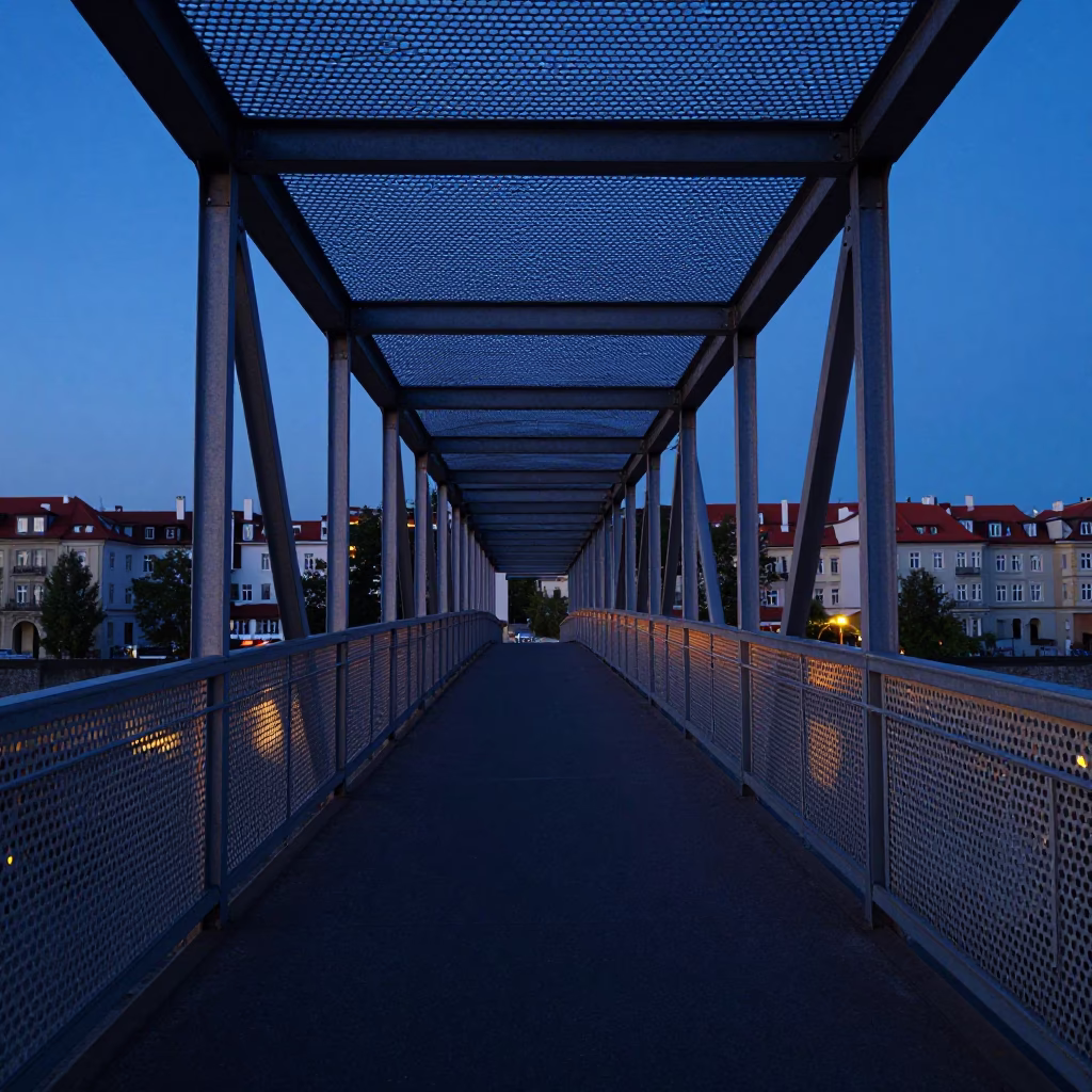 Dawn Light on Prague Pedestrian Overpass with Perforated Metal and Wet Footsteps in in Prague, Czech Republic