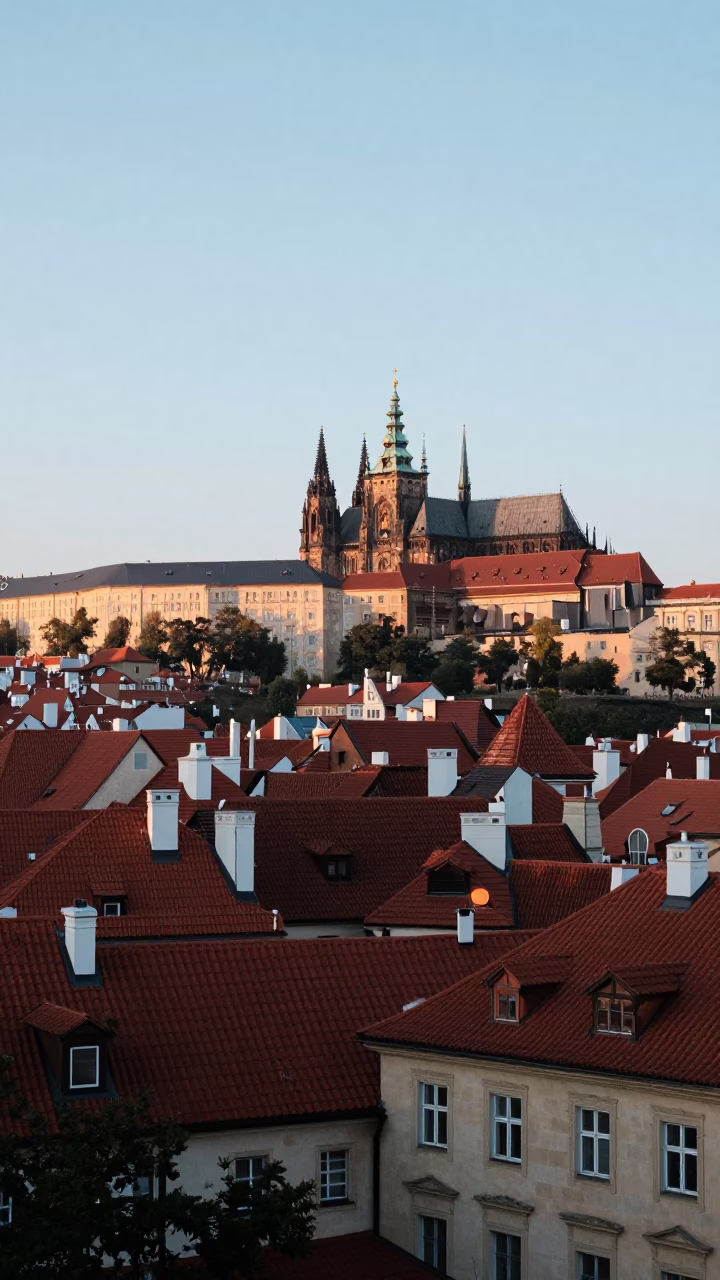 Dawn Light on Prague Rooftops with Water Tower and Substation Fence Dew in in Prague, Czech Republic