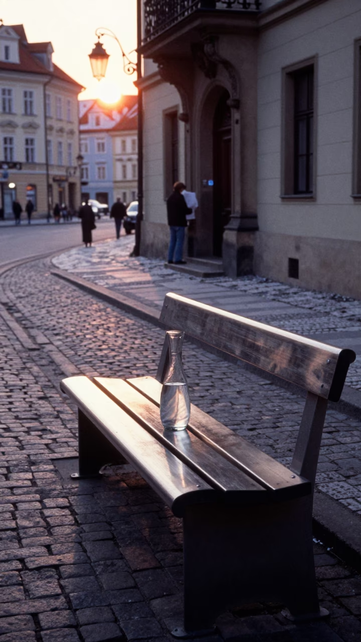 Dawn Light on Prague Street with Brushed Steel Bench and Glass Carafe in in Prague, Czech Republic