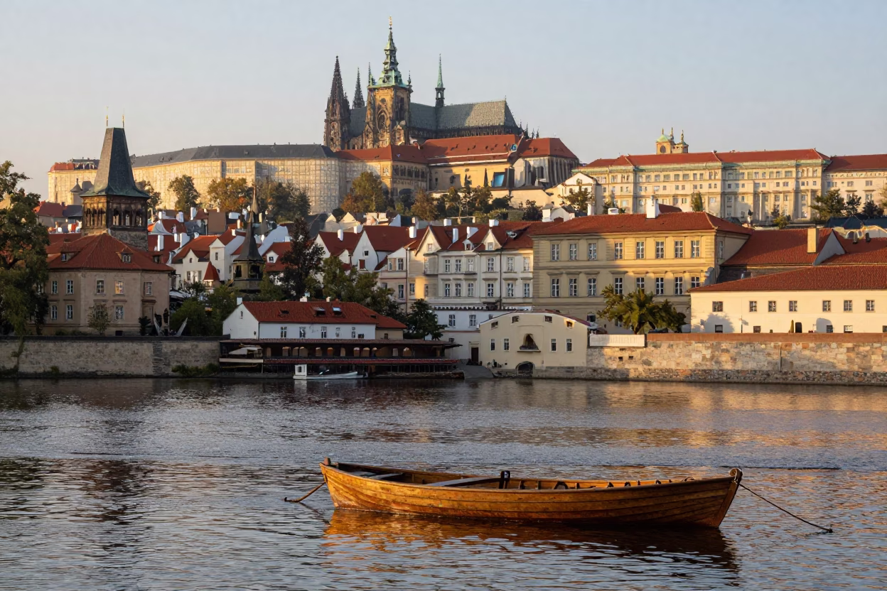 Dawn Light on Prague Vltava Riverbank with Historic Architecture and Local Street Scene in in Prague, Czech Republic