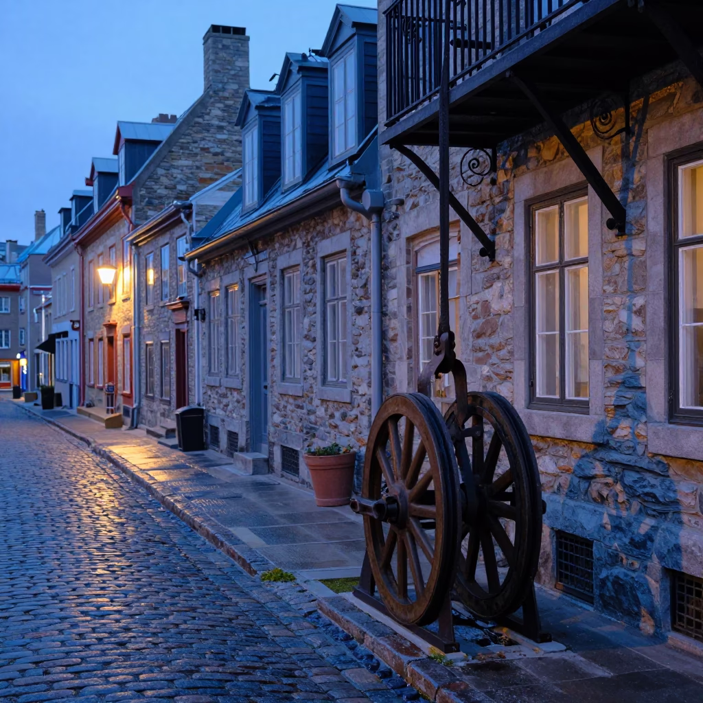 Dawn Light on Quebec City Cobblestone Street with Vintage Pulley and Sewing Tools in in Quebec City, Quebec, Canada