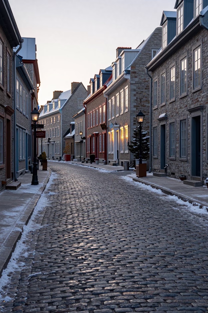 Dawn Light on Quebec City Cobblestones and Winter Street Scene in in Quebec City, Quebec, Canada