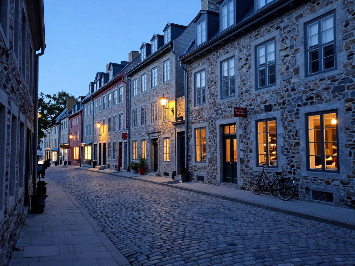 Dawn Light on Quebec City Cobblestones with Bicycle and Bakery Window Display in in Quebec City, Quebec, Canada