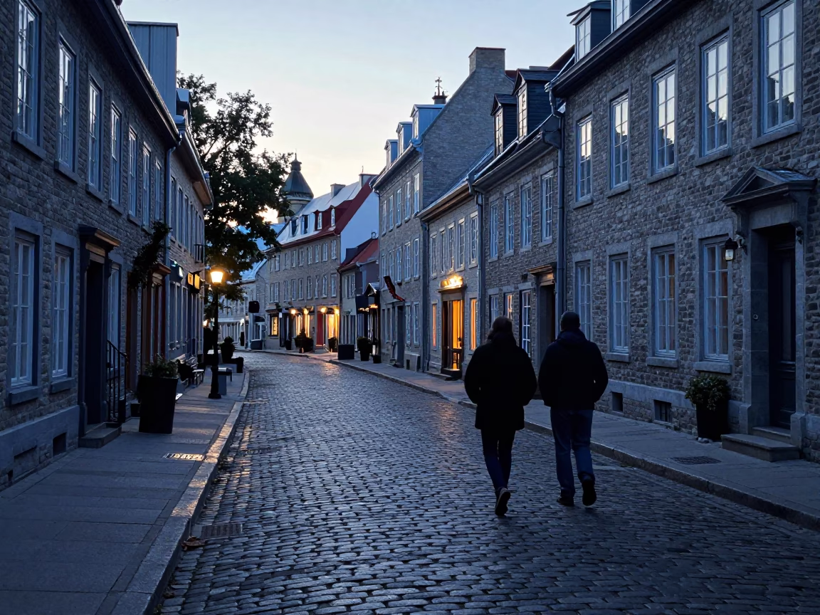 Dawn Light on Quebec City Cobblestones with Couple Walking Near Historic Stone Walls in in Quebec City, Quebec, Canada