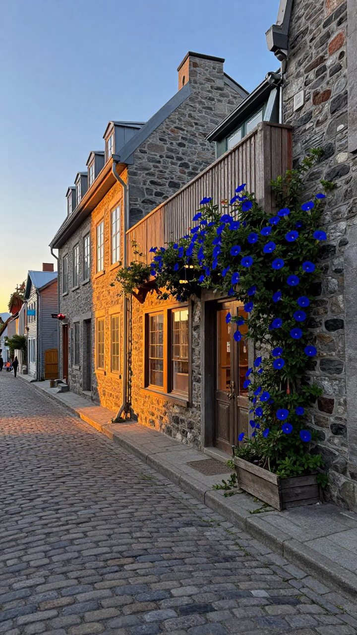 Dawn light on Quebec City cobblestones with morning glory fence and weathered books in in Quebec City, Quebec, Canada