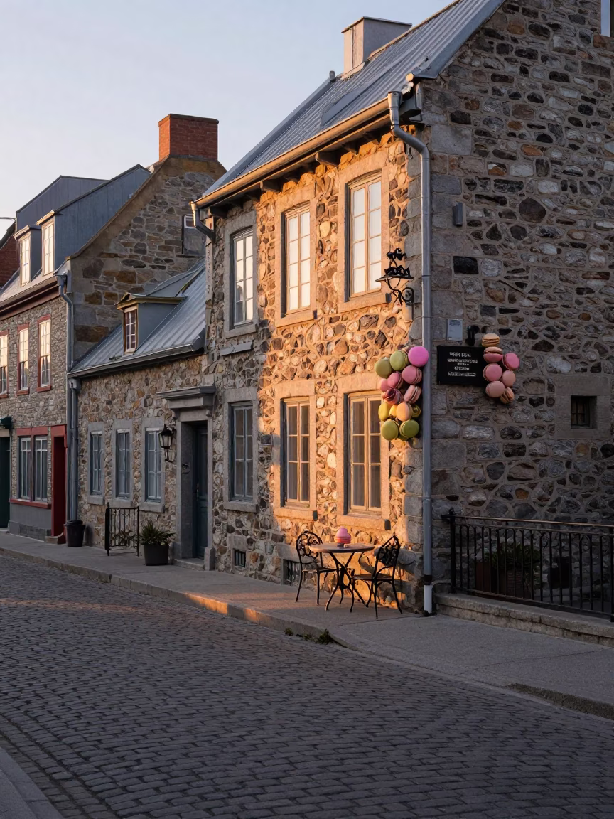 Dawn light on Quebec City cobblestones with pastel macarons and glass carafe in in Quebec City, Quebec, Canada