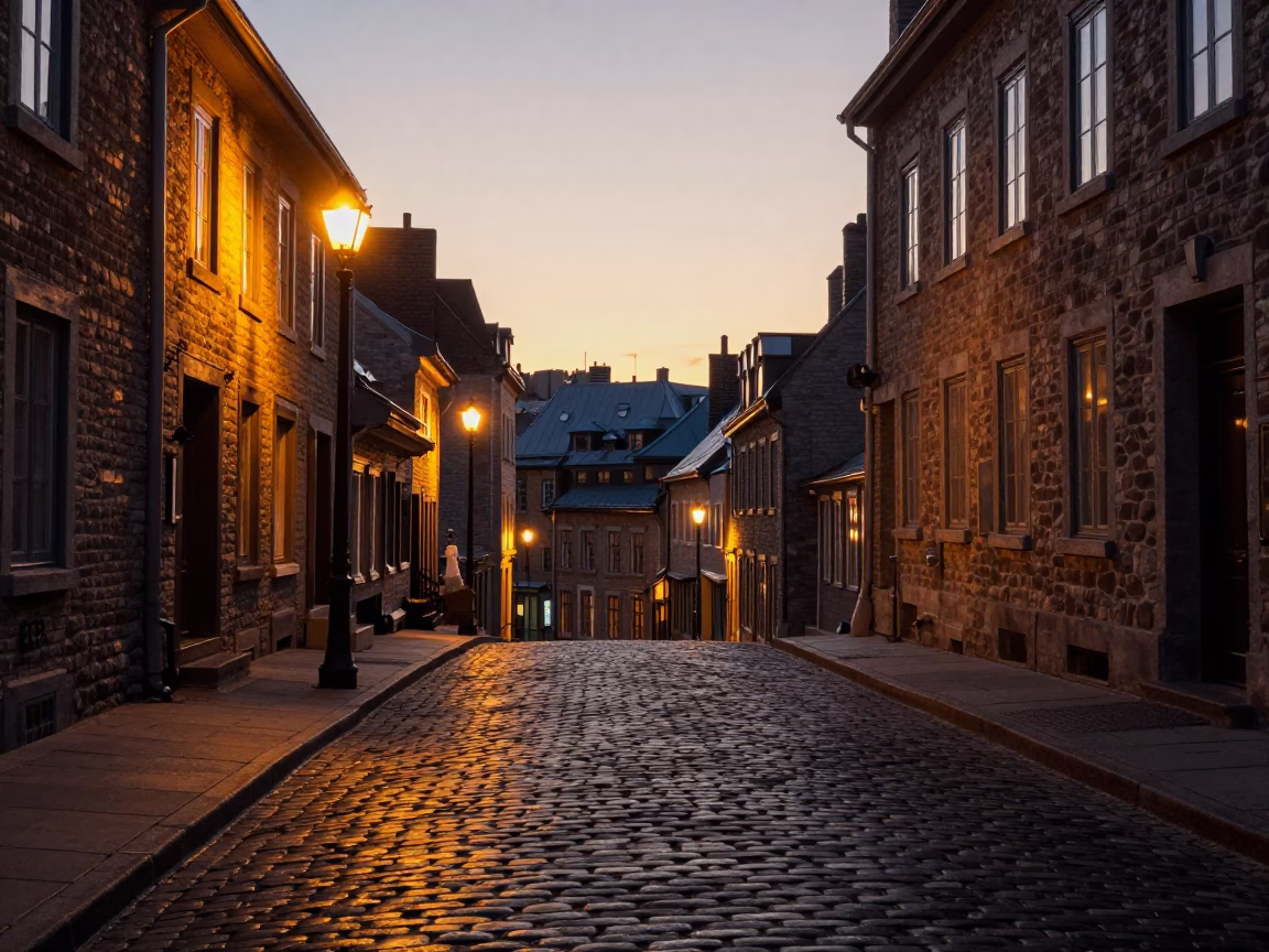 Dawn Light on Quebec City Cobblestones with Vintage Streetlamp and Stone Architecture in in Quebec City, Quebec, Canada