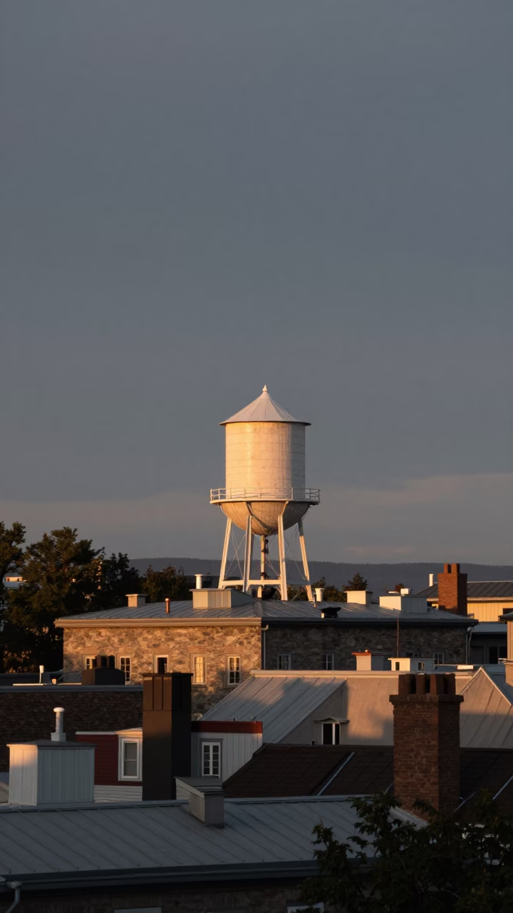 Dawn Light on Quebec City Rooftops with Water Tower and Substation Fence Dew in in Quebec City, Quebec, Canada