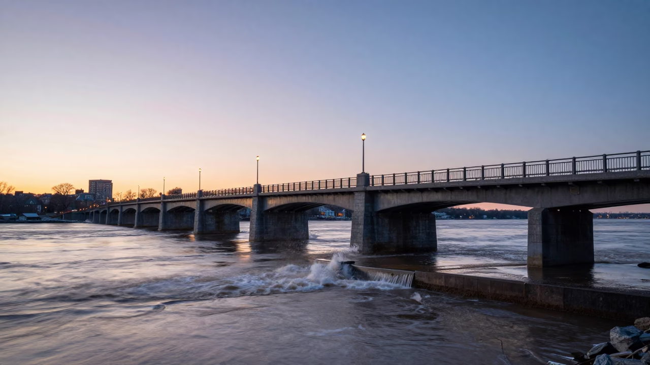 Dawn Light on Quebec City Stone Bridge Pier and Flood Brown Current in in Quebec City, Quebec, Canada